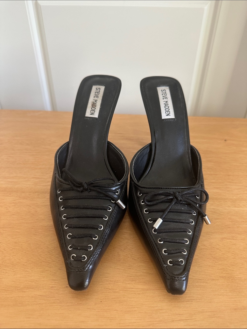 Steve Madden Black Pointed Lace-Up Mule Heels with Silver Aglet Accents